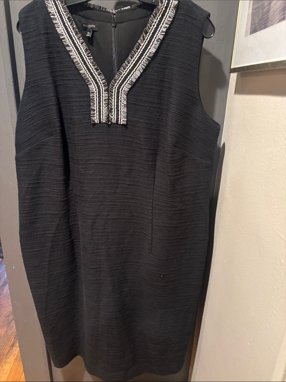 Talbots Black Sleeveless V-Neck Midi Dress with Metallic Trim
